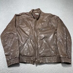 Monet Jacket Mens Small Brown Leather Bomber Elastic Hem Zip Pockets Lined
